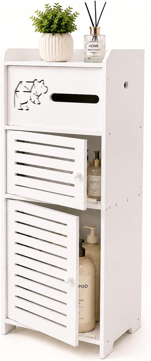 BorealBear Slim Bathroom Storage Cabinet with Louvered Doors for Women, Narrow Freestanding Floor Cabinet to Store Pads Tampons Toiletries, 3-Tier Large Moisture-Resistant Organizer Small Space