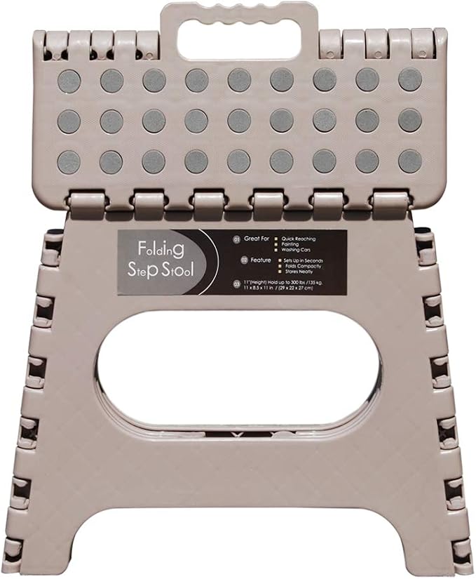 Non-Slip Folding Step Stool, Sturdy Safe Enough - Holds up to 300 Lb - 11 inch Footstool for Adults or Kids, Folding Ladder Storage/Opens Easy, for Kitchen,Toilet,Camping (Light Tan, 11'')