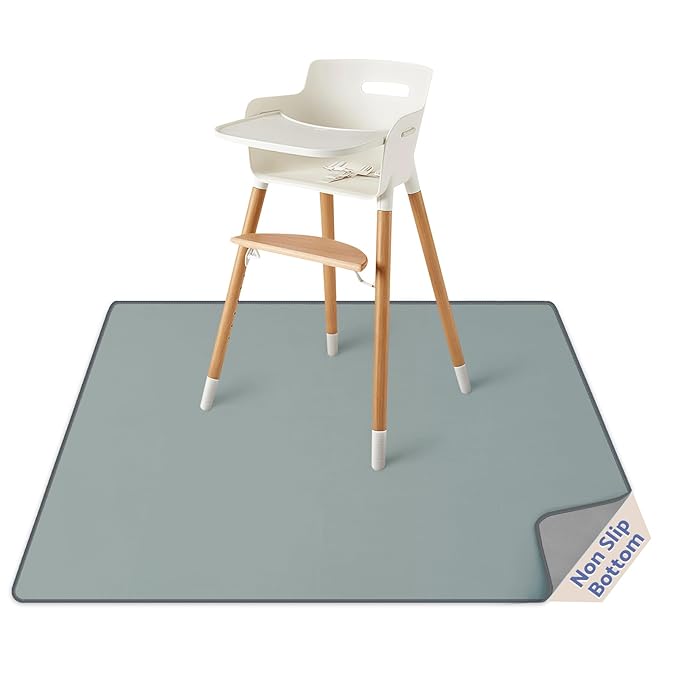 Blissful Diary Baby Splat Mat for Under High Chair, 50.4 x 50.4 Inch Wipeable Splash Mat, Waterproof and Washable, Anti-Slip Floor Protector, Silver Mist