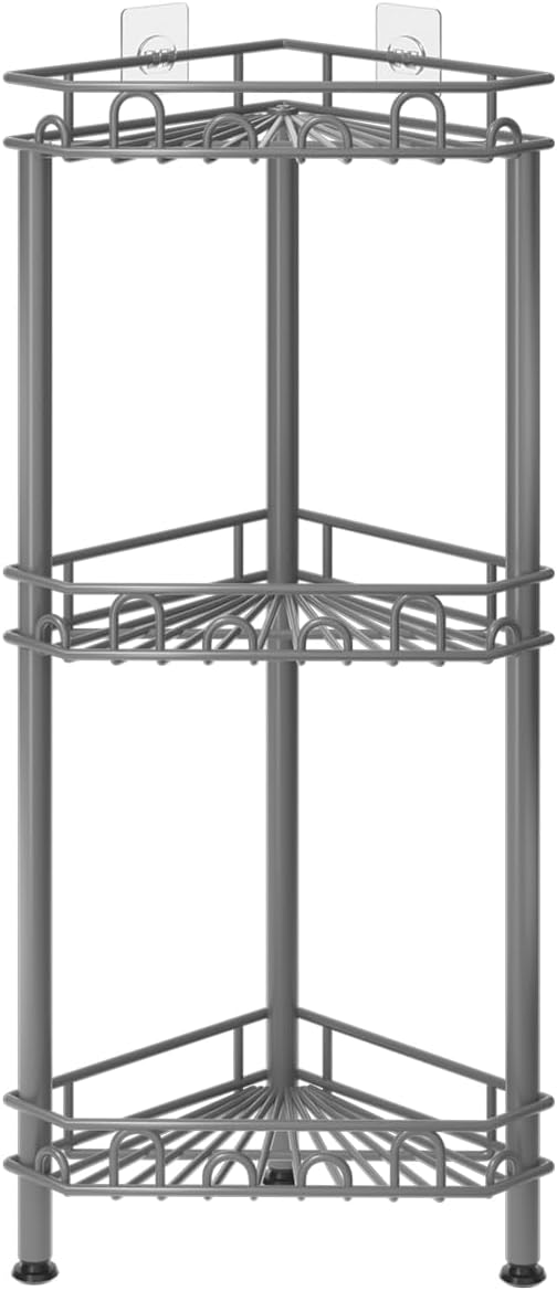 SWTYMIKI Standing Shower Caddy Corner - 3‑Tier Stainless Steel Shower Organizer Shelf with 12 Hooks and Adhesive Pads, Rustproof Corner Shelves Stand Rack for Bathroom Shower Room, Gray