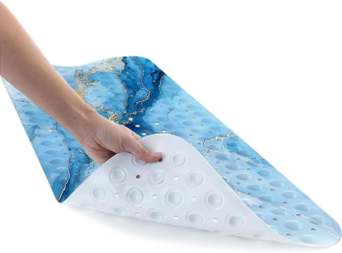 LNOND Marble Bath Tub Mat Non Slip, Extra Long 40 X 16 Inch Anti Slip Mat for Bathtub, Blue Gold Marble Shower Mat with Drain Holes and Suction Cups, Machine Washable