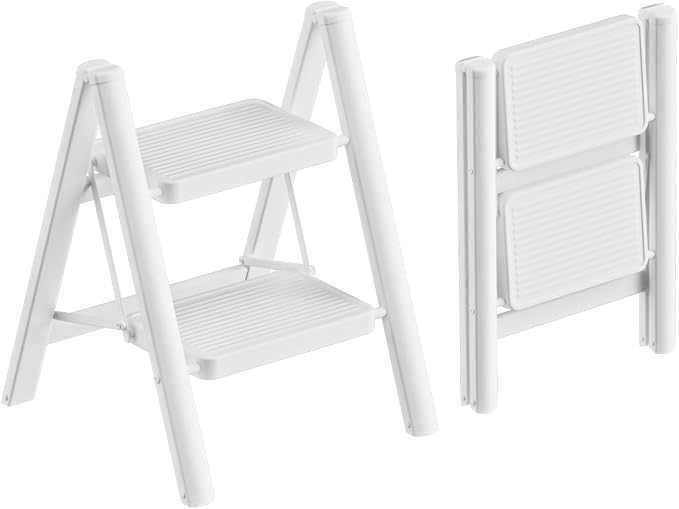 2 Step Ladder Portable Folding Step Stool with Anti-Slip Pedal, Lightweight Stepladder Multi-Use for Home and Kitchen, Saving Space, White, 300lbs