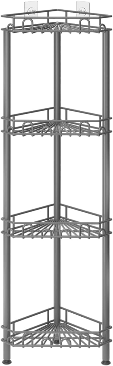 SWTYMIKI Standing Shower Caddy Corner - 4‑Tier Stainless Steel Shower Organizer Shelf with 12 Hooks and Adhesive Pads, Rustproof Corner Shelves Stand Rack for Bathroom Shower Room, Gray