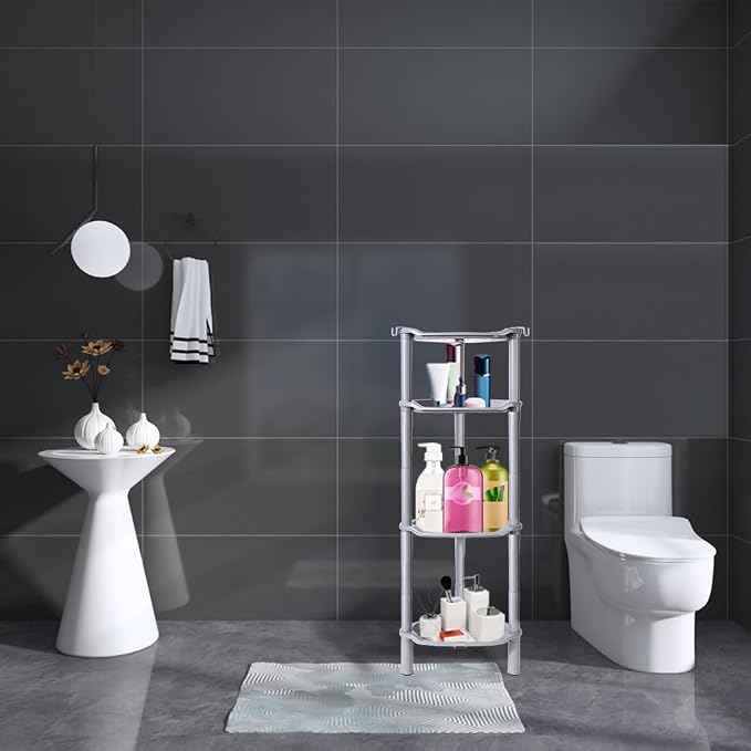 4 Tier Shower Caddy Corner,Plastic Shower Shelf Organizer for Inside Bathroom, Bathtub, Shower Pan, 13.5 x 10 x 33.5 Inches,Grey(Round Slot Grey 4 Tier)