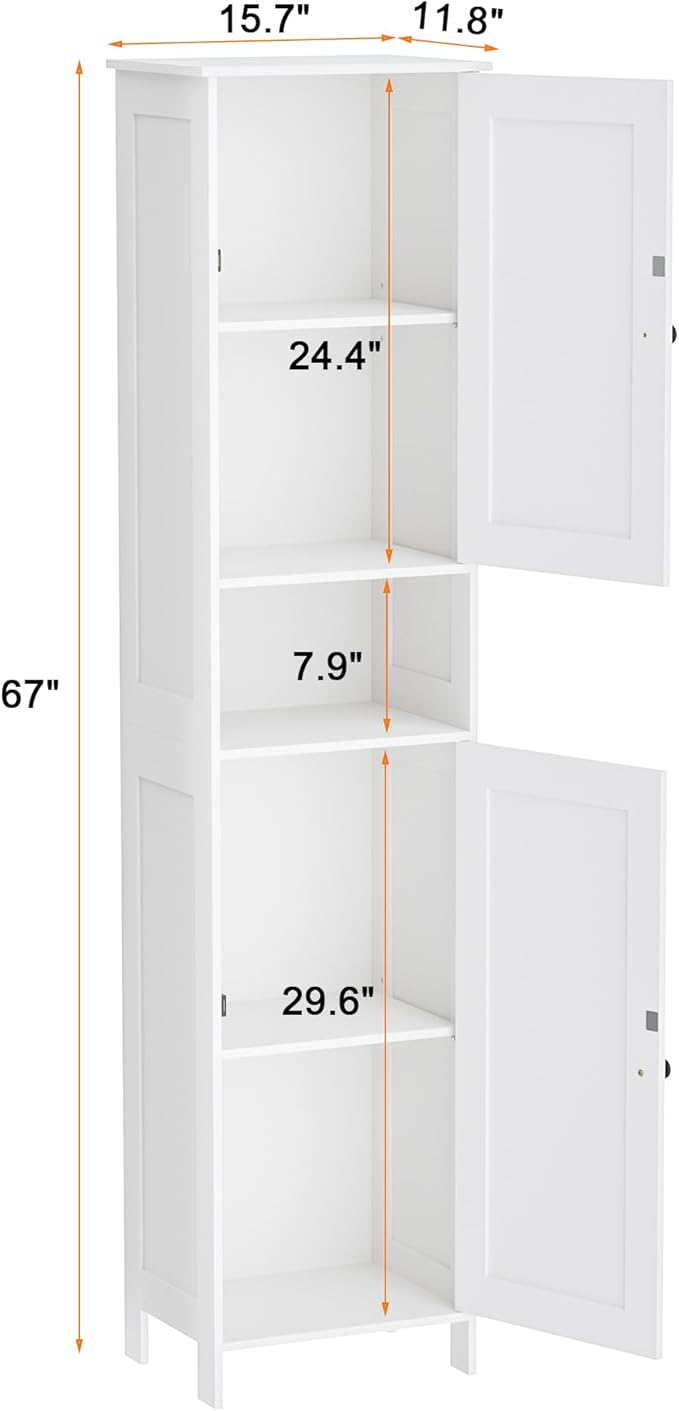 Homleke Tall Bathroom Storage Cabinet with 2 Doors, 67"H Narrow Storage Cabinet with Adjustable Shelves& Anti-Tip Design, Reversible Door Installation, Easy Assembly, 11.8 x 15.7 x 66.9 Inches, White