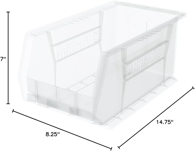 Akro-Mils 30240 AkroBins Plastic Storage Bins, Space-Saving Stackable Bins for Garage, Pantry, Craft Organization, 15 x 8 x 7 inches, Clear, 12-Pack