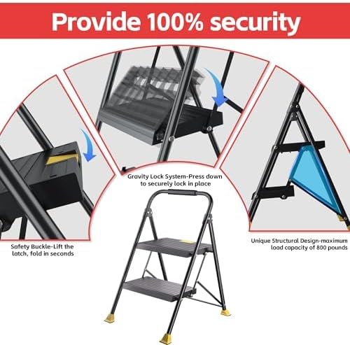 Foldable Stepstool Stair Ladders - 2-Stepping Extension Tall Heavy Duty with Handrails, 800Lbs for Home Adults Kitchen, Closet Indoor House Extendable Step Ladder Stool