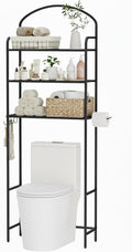 Over The Toilet Storage Rack - 3 Tier Bathroom Organizer with 4 Hooks & Paper Holder - Space Saving Metal Shelf for Bathroom - Black Toilet Storage