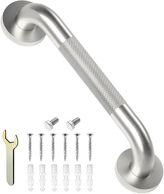 12 Inch Shower Grab Bar for Seniors with Anti-Slip Textured Grip | Heavy Duty Stainelss Steel; Bathroom Safety; Wall Mounted; Supports 500lbs; For Shower, Bathtub & Toilet; Elderly, Disabled
