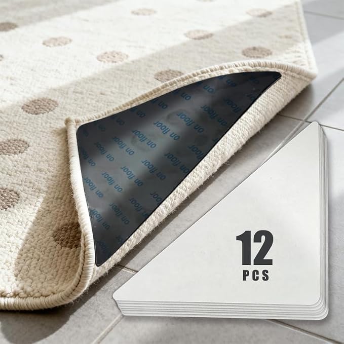 12 Pcs Rug Grip Tape,Non-Slip Rug Pads for Invisible Hold,Carpet Tape with Adhesive Strips Reusable & Washable（Black）