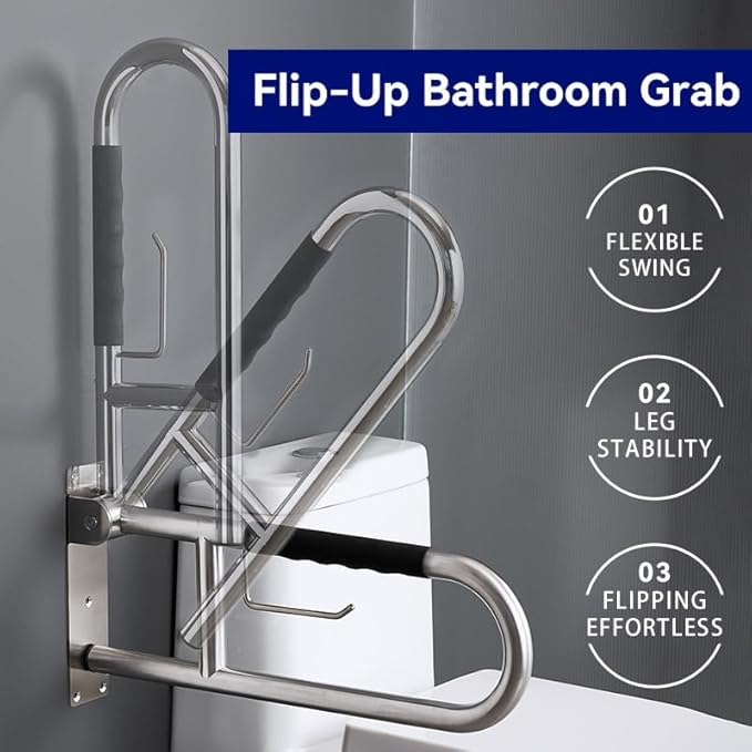 Toilet Grab Bar 31 Inch, BVTOURA Flip-Up Safety Rail with Soft Silicone Anti-Slip Finger-Grip Handle and Paper Holder, Stainless Steel U-Shaped Support Bar for Elderly Disabled, Brushed Nickel