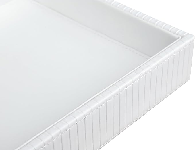 HofferRuffer Faux Leather Vanity Tray, Elegant Desktop Storage Organizer, Decorative Catchall for Perfume, Bathroom Valet, Nightstand or Dresser, 10.2 x 8.4 x 1.8 inches (White Stripe)