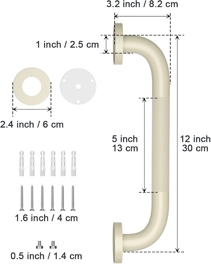 12 Inch Anti Slip Shower Grab Bar Handle Beige White, ZUEXT Stainless Steel Bathroom Grab Bar, Knurled Bathroom Balance Bar, Safety Hand Rail Support,Handicap Elderly Injury Senior Assist Bath Handle