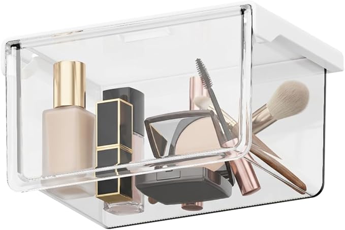 Hanging Cabinet Organizer – 33° Tilted Under Desk Drawer & Bathroom Storage – Self-Adhesive Clear Pull-Out Bins for Kitchen, Office & Vanity (Medium)