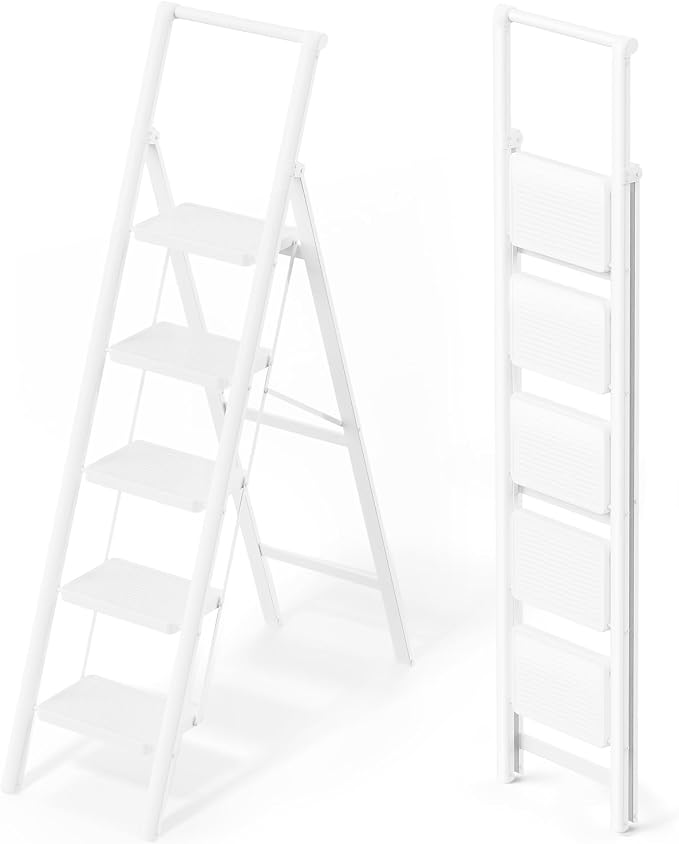 WOA WOA Step Ladder for Home, Foldable Step Stool for Kitchen with Non-Slip Pedals, Sturdy Ladders Supports up to 330 lbs, Compact and Portable - 5 Step with Handle/White