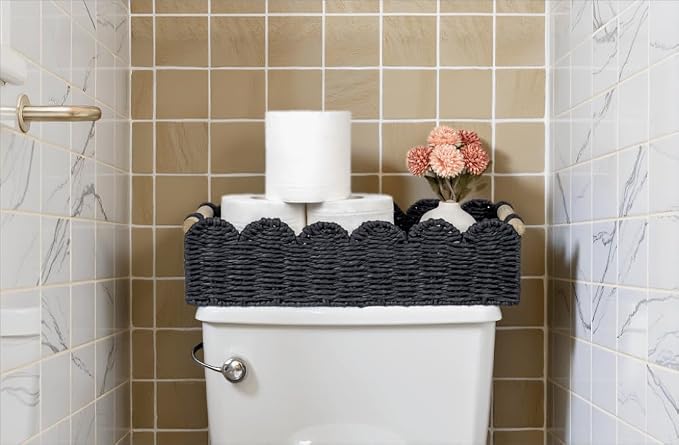 CubesLand Toilet Paper Storage Basket, Scalloped Edge Shelves Basket for Organizing for Over Toilet Tank Storage, Home Decor Baskets for Shelf, Countertop, Living Room, Bedroom, Handwoven, Black