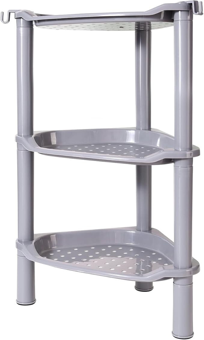 3 Tier Shower Caddy Corner,Plastic Shower Shelf Organizer for Inside Bathroom, Bathtub, Shower Pan, 13.5 x 10 x 26 Inches,Grey(Round Slot Grey 3 Tier)