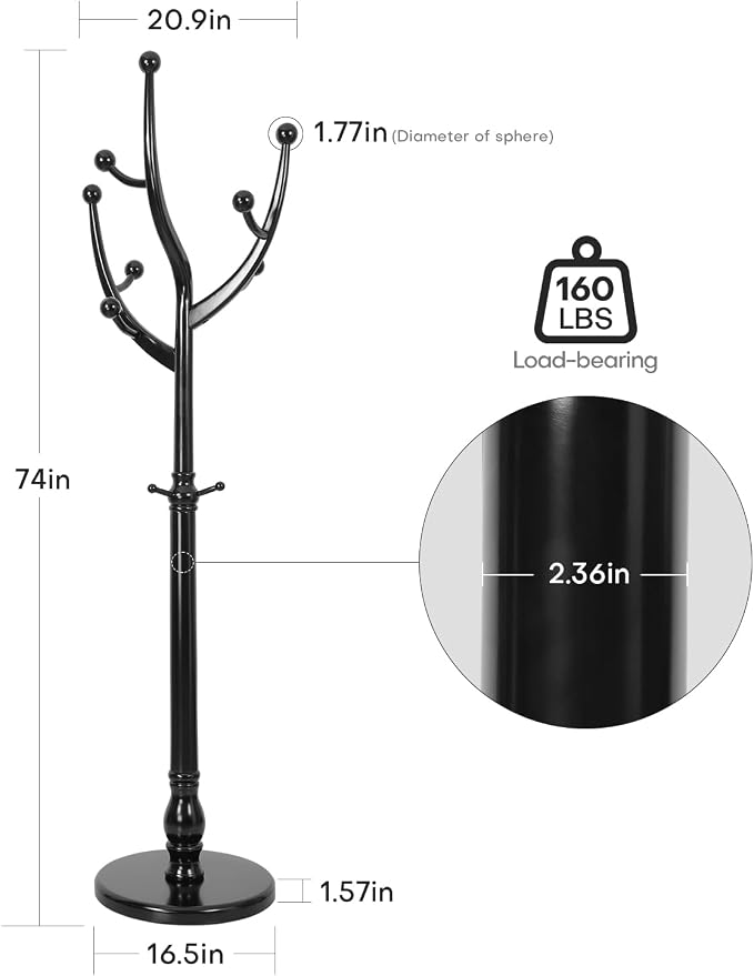 Bekrvio Coat Rack Freestanding Coat Tree with Sturdy Round Base, Unique Coat Hanger Stand, Heavy Duty Standing Coat Rack Clothes Stand for Winter Jacket, Hat, Entryway/Hallway/Bedroom, Black