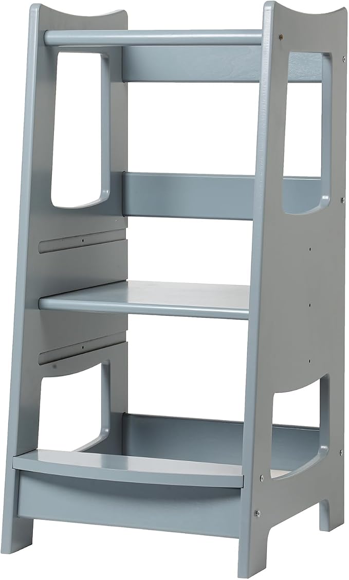 EGREE Modern Gray Wooden Toddler Kitchen Tower Step Stool- 3 Heights Adjustable Montessori Learning Tower Step Up Stool with Safety Rails - Kids Kitchen Helper Stand for Cooking & Bathroom