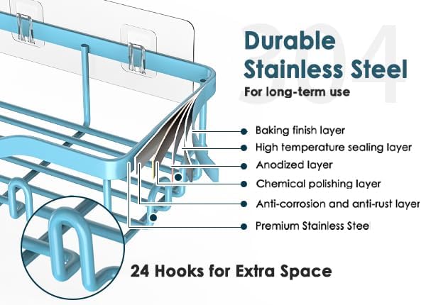 NESOMI Shower Caddy Adhesive Shower Organizer 8-Pack, Rustproof Stainless Steel Bathroom Shelves, Large Capacity No-Drill Rack Storage Accessories with Soap Dish Toothbrush Holder Hooks