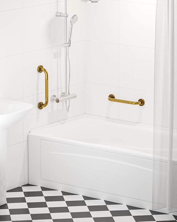 12 Inch Bronze Shower Grab Bar Gold, Munzong Antique Brass Bathroom Grab Bar w/Anti-Slip Knurled Grip, Bathroom Balance Bar, Safety Bath Handrail Support, Handicap Injury Elderly Senior Assist Handle