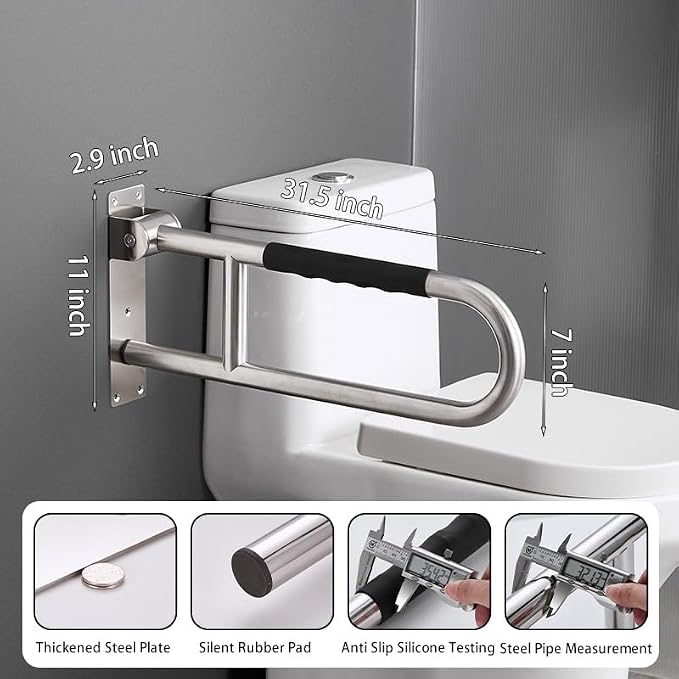 Toilet Grab Bar 31 Inch, BVTOURA Flip-Up Safety Rail with Soft Silicone Anti-Slip Finger-Grip Handle and Paper Holder, Stainless Steel U-Shaped Support Bar for Elderly Disabled, Brushed Nickel