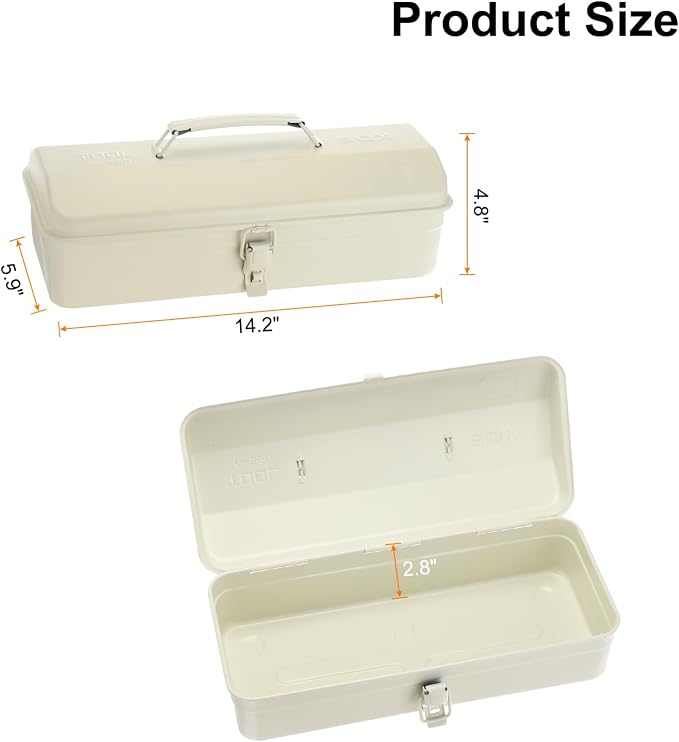 HARFINGTON Tool Box 14.2" Portable Steel Tool Box Hip Roof Style with Metal Latch Closure Tool Chest for Household Workshop Car, White