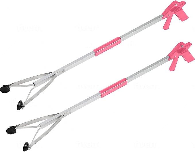 Grabber Tool 32" Suction Cup Grip Heavy Duty Aluminum -2 Pack- Lightweight Foldable Reacher Grabber Pickup Tool, Gripper Grabbers for Elderly Grab it Reaching Tool Trash Picker Grabber Pink, By Luxet