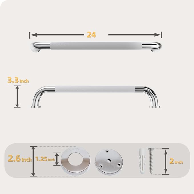 Shower Grab Bar, 24 Inch Bathroom Grab Bar Handle with Anti-Slip Knurled Grip, Stainless Steel Bath Balance Bar, 1.25" Diameter Bath Safety Bar Support for Seniors Pregnant, Polished Chrome- 1 Pack