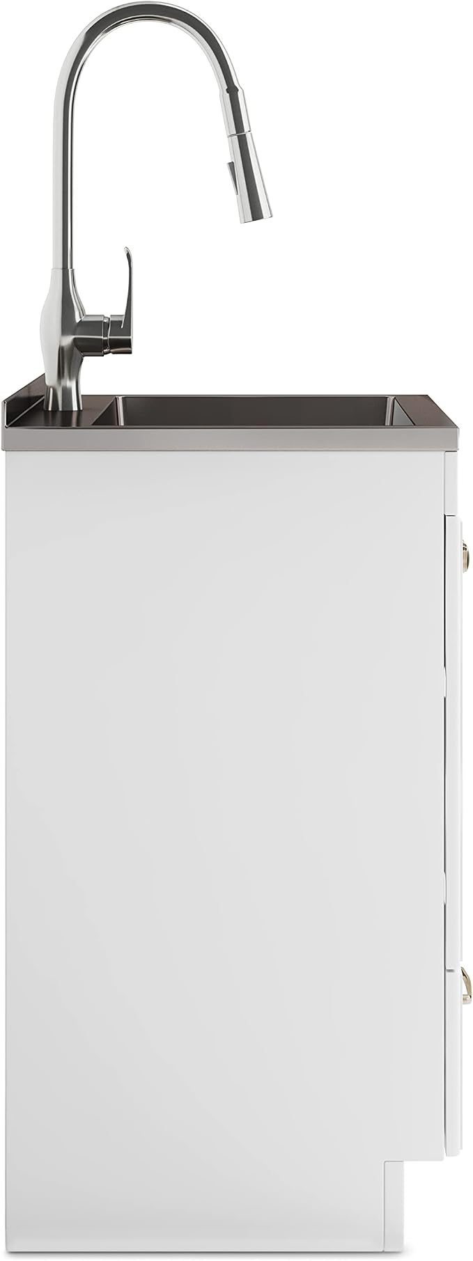 SIMPLIHOME Lawrence All-in-One 24 inch Wide Utility Sink and Laundry Cabinet in Pure White Finish, Transitional Stainless Steel Sink Cabinet for Laundry Rooms with High-Arch Brushed Nickel Faucet