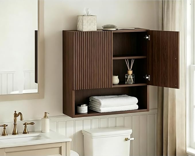 USHOWER Dark Walnut Bathroom Wall Cabinet, Thickened MDF Medicine Cabinet with 2 Fluted Doors & Open Shelf, Over the Toilet Storage Cabinet for Laundry Room, Living Room, Kitchen, Wall Mounted