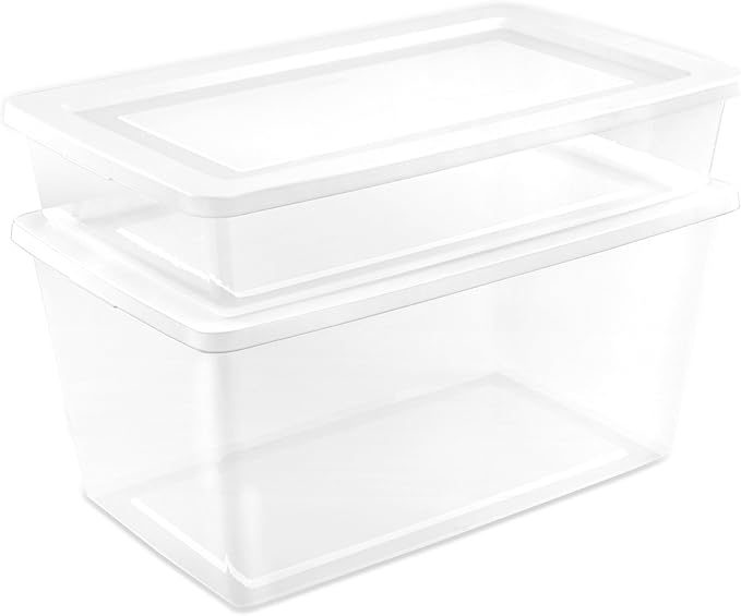 Sterilite 6 Pack Storage Box, 41 Quart Stackable Tote, Clear Plastic Container with Secure Snapping White Lids for Home and Office Organization