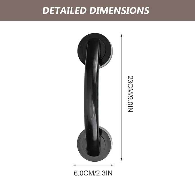 Large Black Suction Cup Handle - 9.04X2.36X2.16in Punch-Free Adhesive Grab Bar for Bathroom Safety Shower and Sliding Glass Door Mobility Assistance