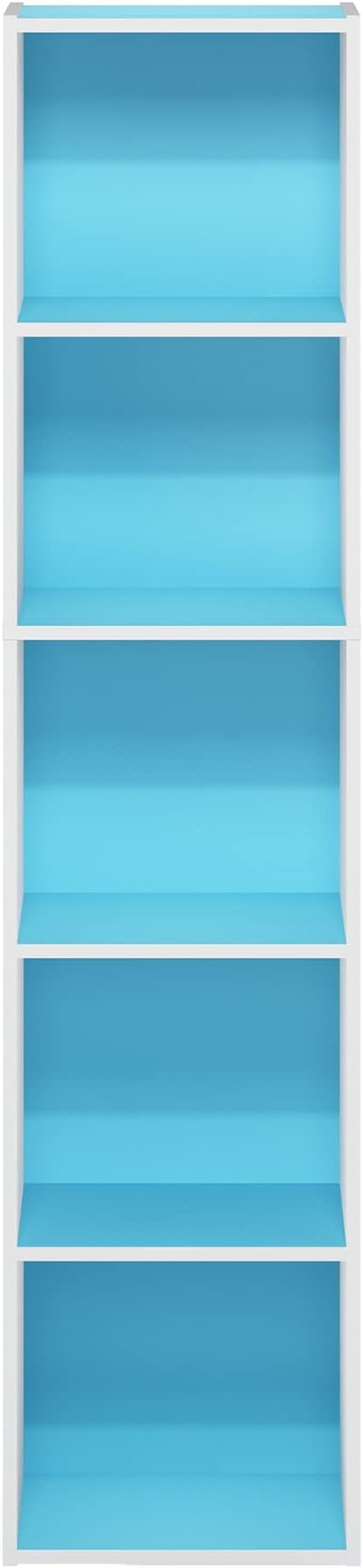 Furinno PASIR Book Shelf, 5-Tier Modern Bookshelf, Open Shelves Bookcase 9 x 12 x 52, Easy Assembly, for Living Room, Bedroom, Home Office, Light Blue/White