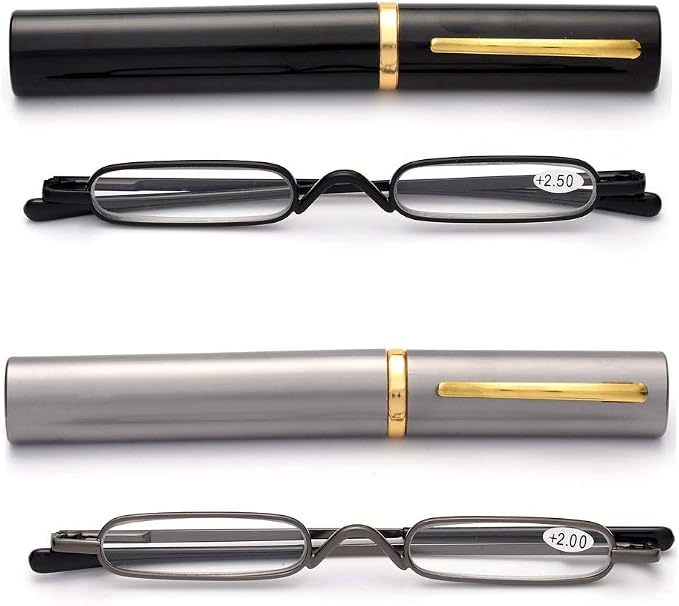 Viseng Slim Mini Metal Reading Glasses Compact Lightweight Portable Readers with Glasses Case for Reading Case,Black+Gray+2.0