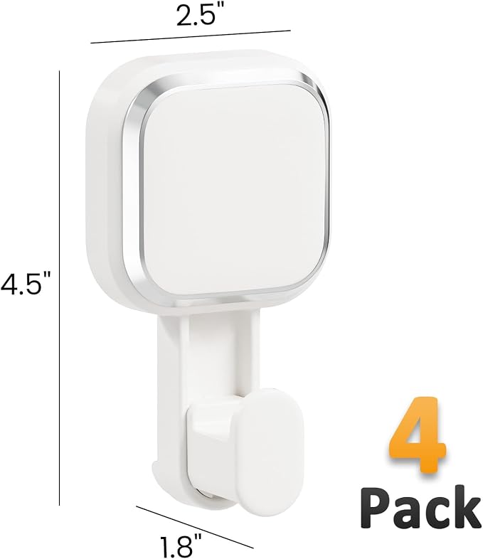 LEVERLOC Suction Cup Hooks for Inside Shower 4 Pack, Versatile Powerful Vacuum Suction Shower Holders for Towel, Loofah, Clothes, Damage Free Wall Hanging Bathroom Hooks, Easy to Install, White