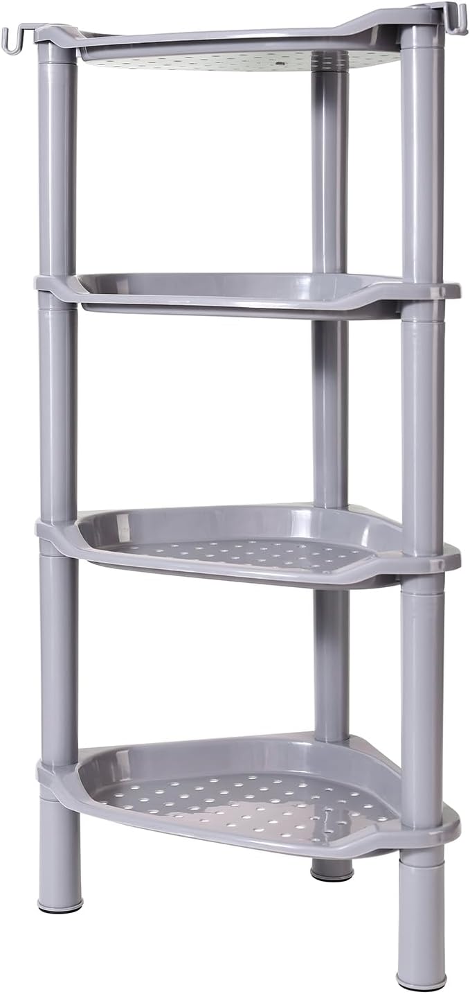 4 Tier Shower Caddy Corner,Plastic Shower Shelf Organizer for Inside Bathroom, Bathtub, Shower Pan, 13.5 x 10 x 33.5 Inches,Grey(Round Slot Grey 4 Tier)