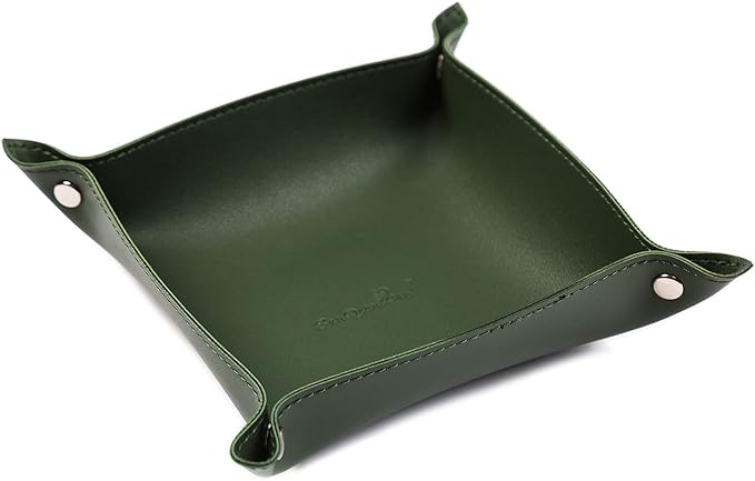 Leather Jewelry Valet Tray for Women and Man, Entryway Table Bedside Nightstand Desk Portable Small Catchall Travel Dish Plate for Key,Wallet,Watch,Phone,Coin(Dark Green-B)