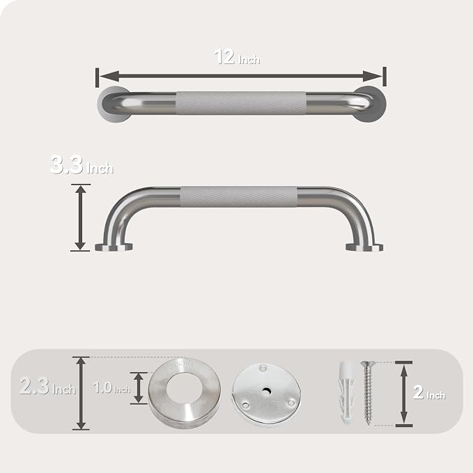 12 Inch Shower Grab Bar, Bathroom Grab Bar Handle with Anti-Slip Knurled Grip, Stainless Steel Bath Balance Bar, 1.0" Diameter Bath Safety Bar Support for Seniors Elderly Pregnant, Brushed Nickel
