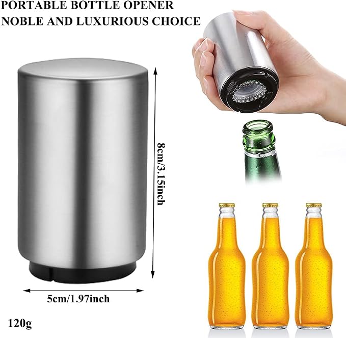 AKOAK 1 Pack Creative Stainless Steel Push-type Beer/Wine Bottle Opener Bar Household Automatic Convenient Cap Opener - Easy to Open a Variety of Bottles,Silver