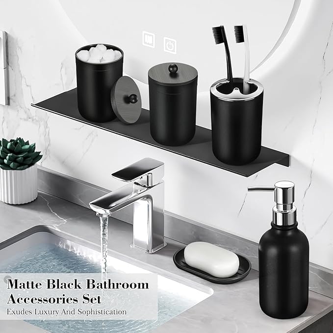 Black Bathroom Accessories Set, 23Pcs Bath Accessory Sets Complete with Bathtub Mat, Shower Curtain Set with Hooks, Soap Dispenser, Toothbrush Holder, Qtip Holder, Trash Can, Toilet Brush