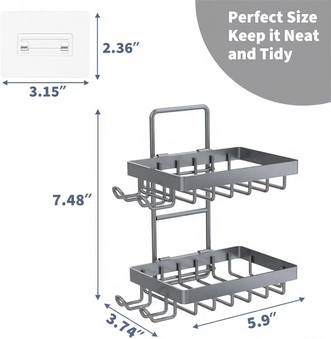 Moforoco Grey Double Soap Bar Holder for Shower, No Drilling, 304 Rustproof Stainless Steel, Wall Mounted Soap Holder with 4 Hooks and Razor Holder, Shower Rack Soap Tray Bar Soap for Bathroom