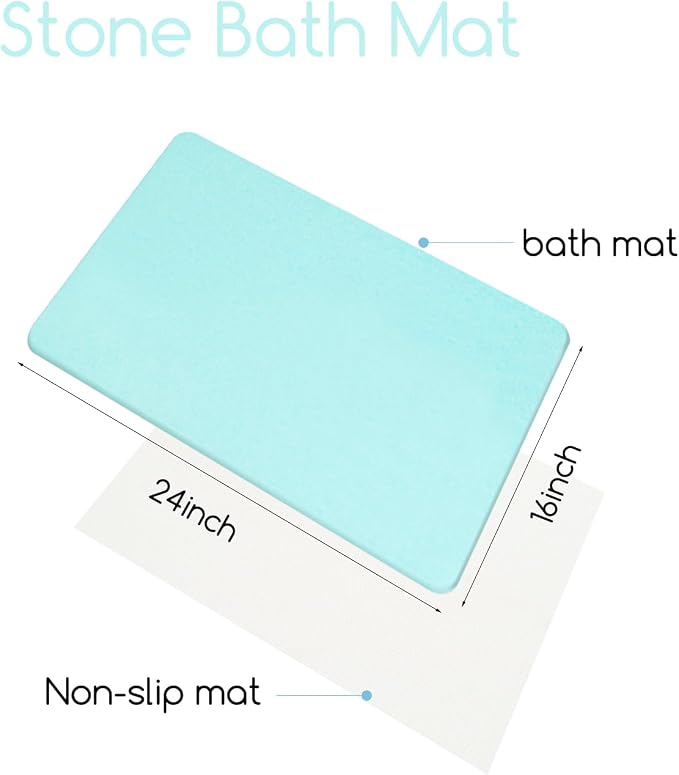 Stone Bath Mat 24"x16" - Diatomaceous Earth Shower Mat, Quick Dry, Anti-Slip, Modern Design with Bonus Non-Slip Pad - Perfect for Home Safety and Style, (Green)