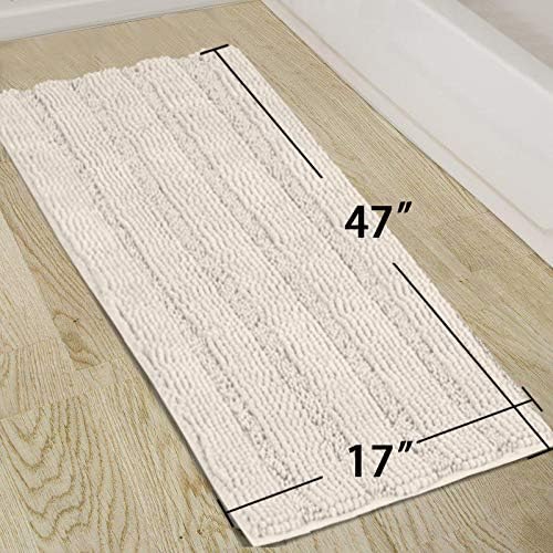 Turquoize Non Slip Shaggy Chenille Microfibers Bathroom Rug Bath Room Mat Extra Long Bath Rug 47 x 17 Kitchen Rugs and Mats, Super Water Absorbent & Soft Washable Bath Rug for Bathroom, Ivory