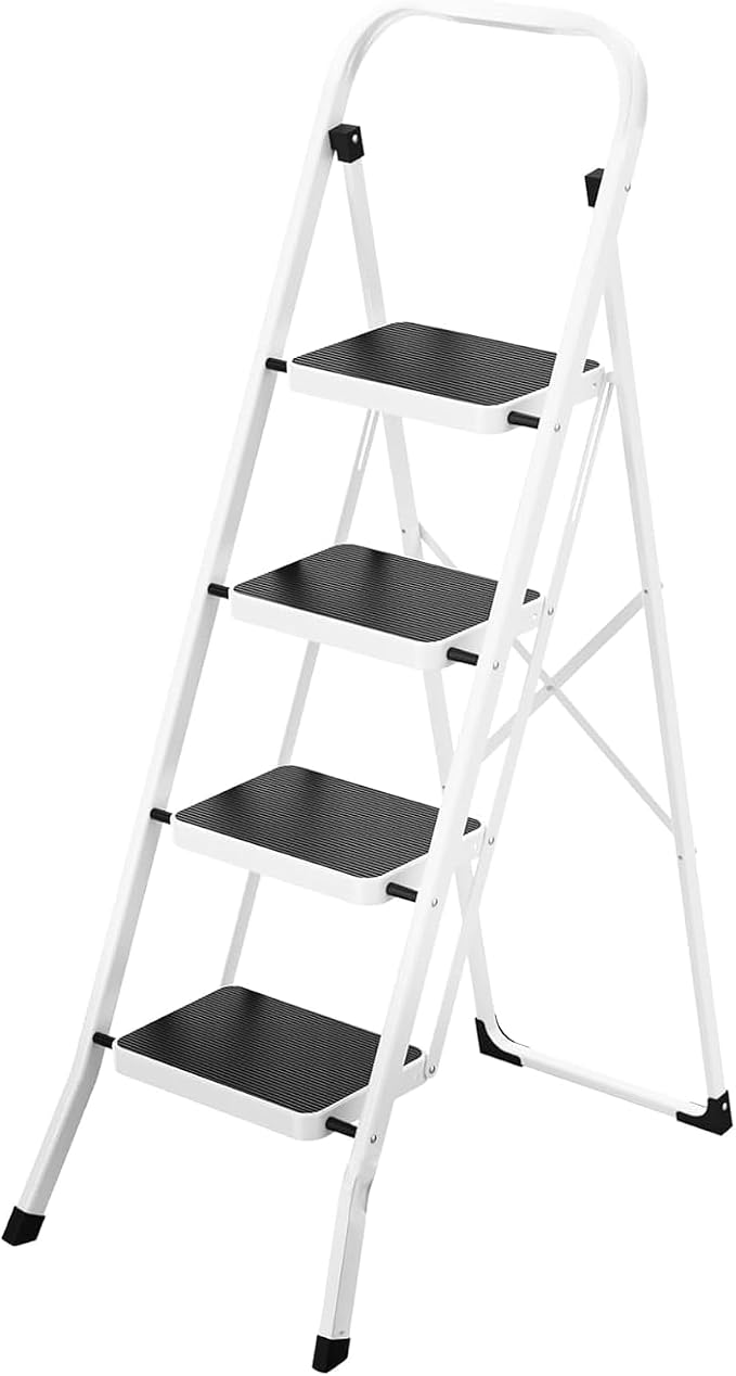 HBTower Step Ladder, 4 Step Ladder Folding Step Stool for Adults with Anti-Slip Pedal, 330 lbs Capacity for Home, White