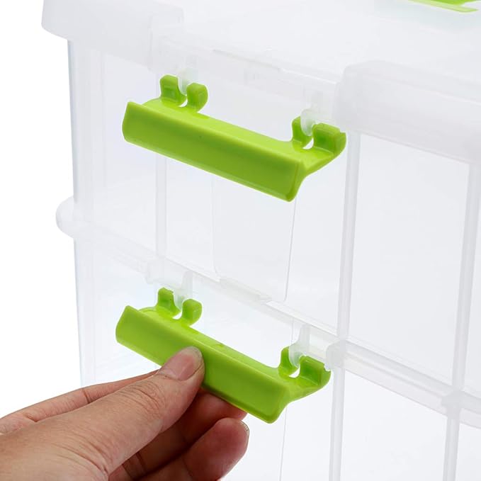 JUXYES 2-Tiers Stack Carry Storage Box With Handle, Transparent Stackable Storage Bin With Handle Lid Latching Storage Container for School & Office Supplies (Green)