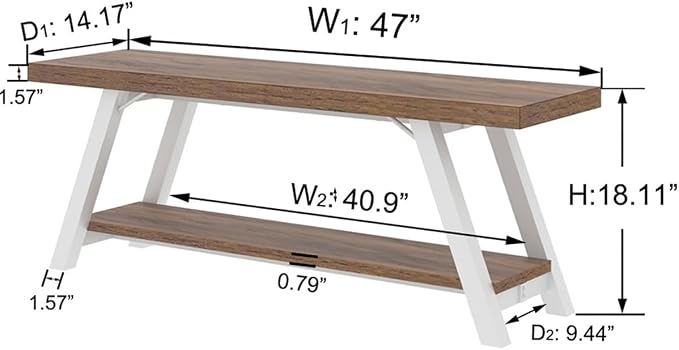 LVB Rustic Entryway Bench, Farmhouse Wood Indoor Shoe Bench with Storage in Bedroom End of Bed, Industrial Metal Foyer Shoe Rack Bench Seating for Hallway Living Dining Room, White Rustic Oak, 47 Inch