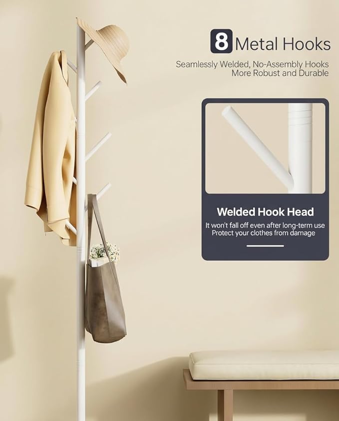 Coat Rack with 8 Hooks, 3 Adjustable Heights, Modern Hall Tree, Sturdy Metal Clothes Stand with Sintered Stone Base for Entryway, Office, Bedroom, for Coats, Hats, Handbags and Scarves, White