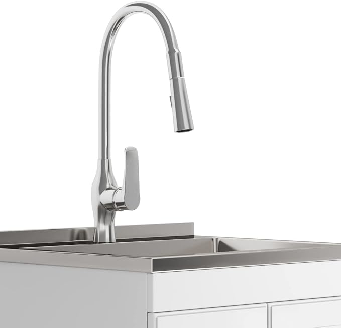 SIMPLIHOME Lawrence All-in-One 24 inch Wide Utility Sink and Laundry Cabinet in Pure White Finish, Transitional Stainless Steel Sink Cabinet for Laundry Rooms with High-Arch Brushed Nickel Faucet