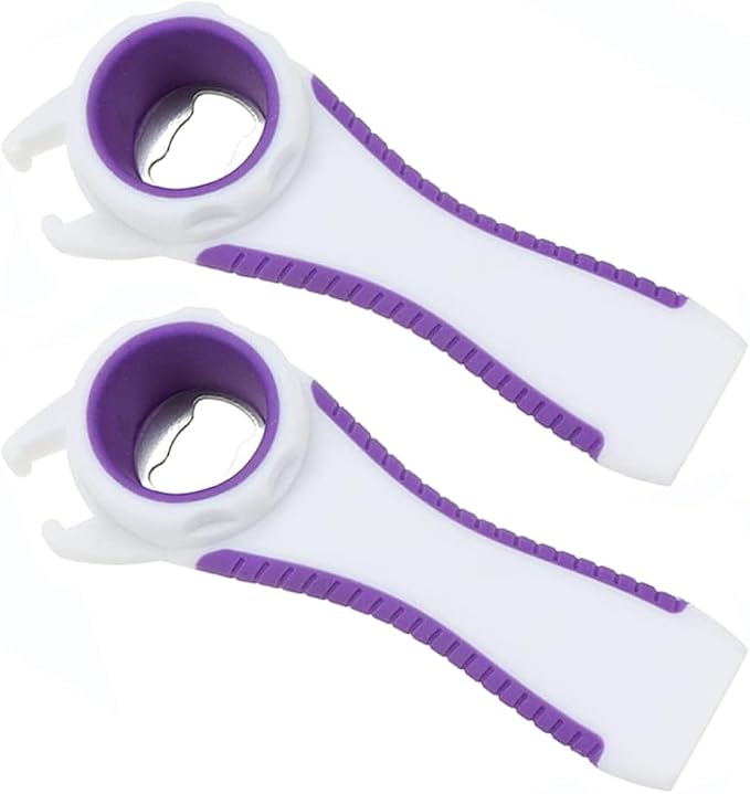 2 pcs 5 in 1 Multi-function Bottle Opener for Easily Opens Bottle Caps,Canning Lids,Can Tabs and Twist Caps (White & Purple)